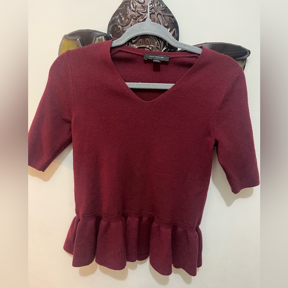 Ann Taylor V-neck Wool Blouse burgundy